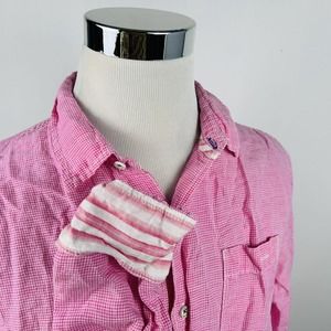 Tommy Bahama Large Linen Blend Long Sleeve Shirt Pink White Plaid Flip Cuffs